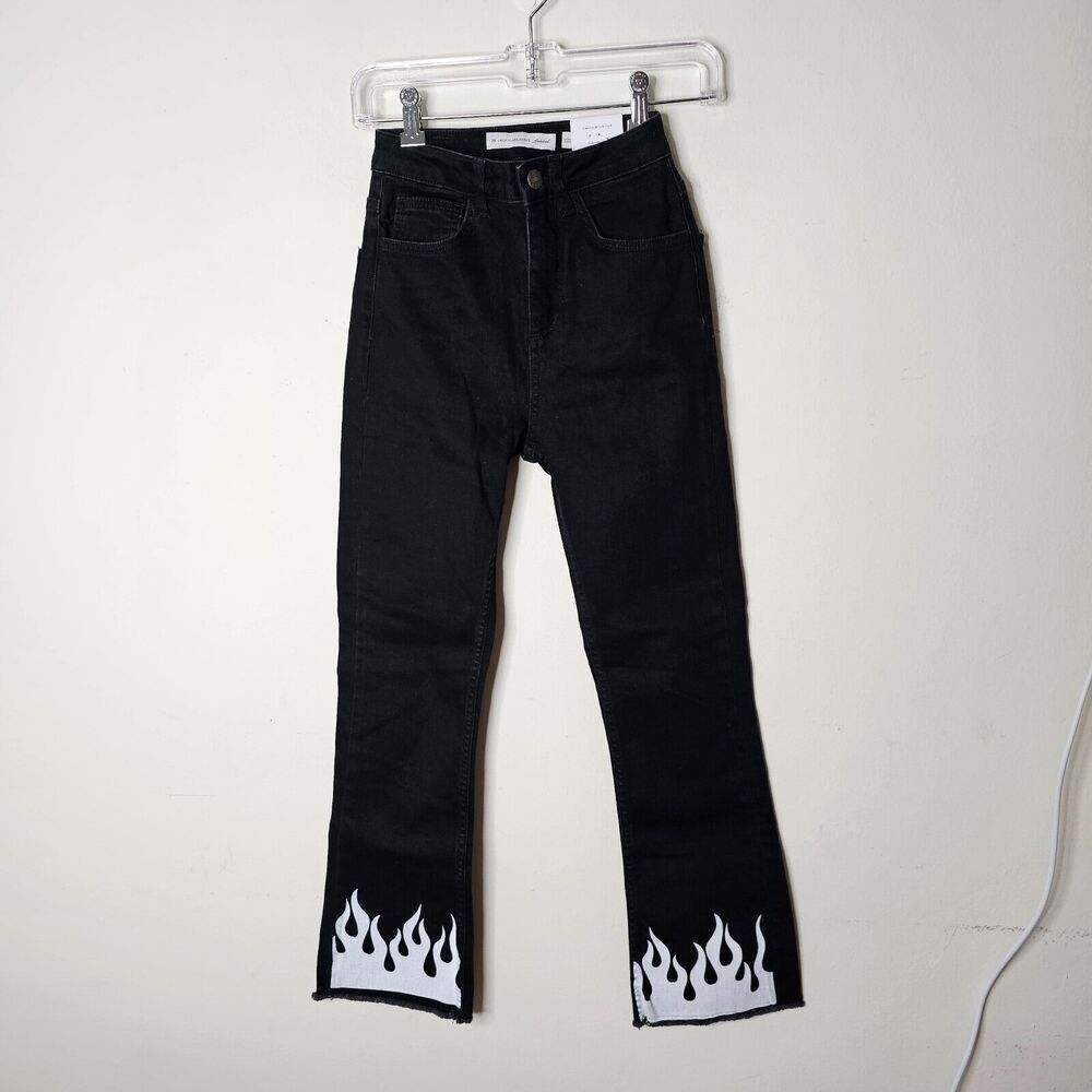 NWT Subdued Black Crop Flare Button Fly Raw Hem Front and Pocket White Flames 26